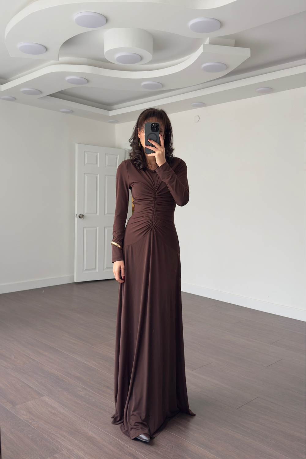Önden Drape Detay Maxi Elbise-Kahve