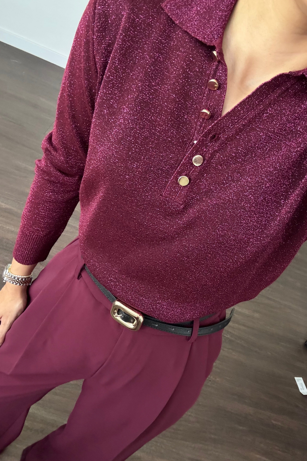 Polo Yaka Simli Bluz-Bordo