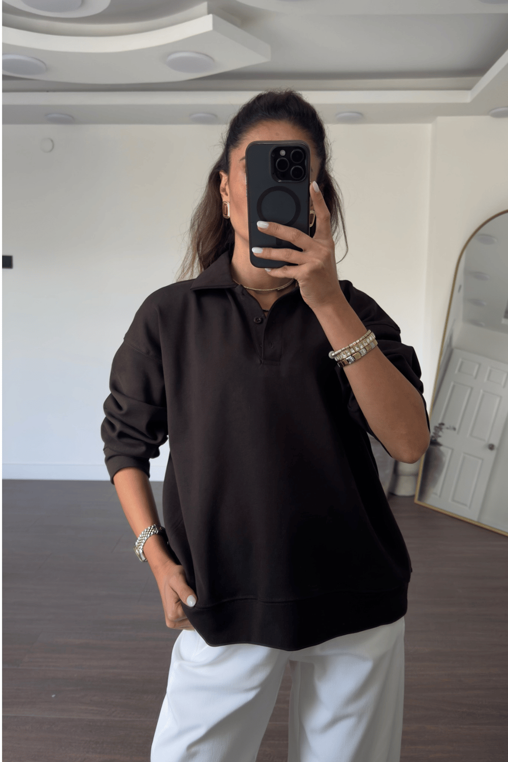 Polo Yaka Sweatshirt-Kahve