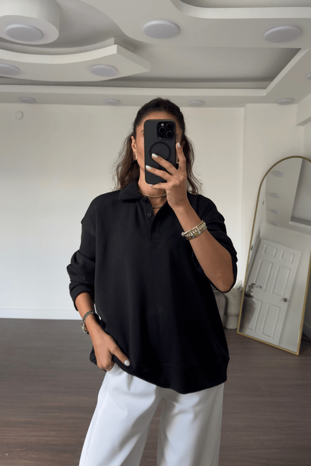 Polo Yaka Sweatshirt-Siyah