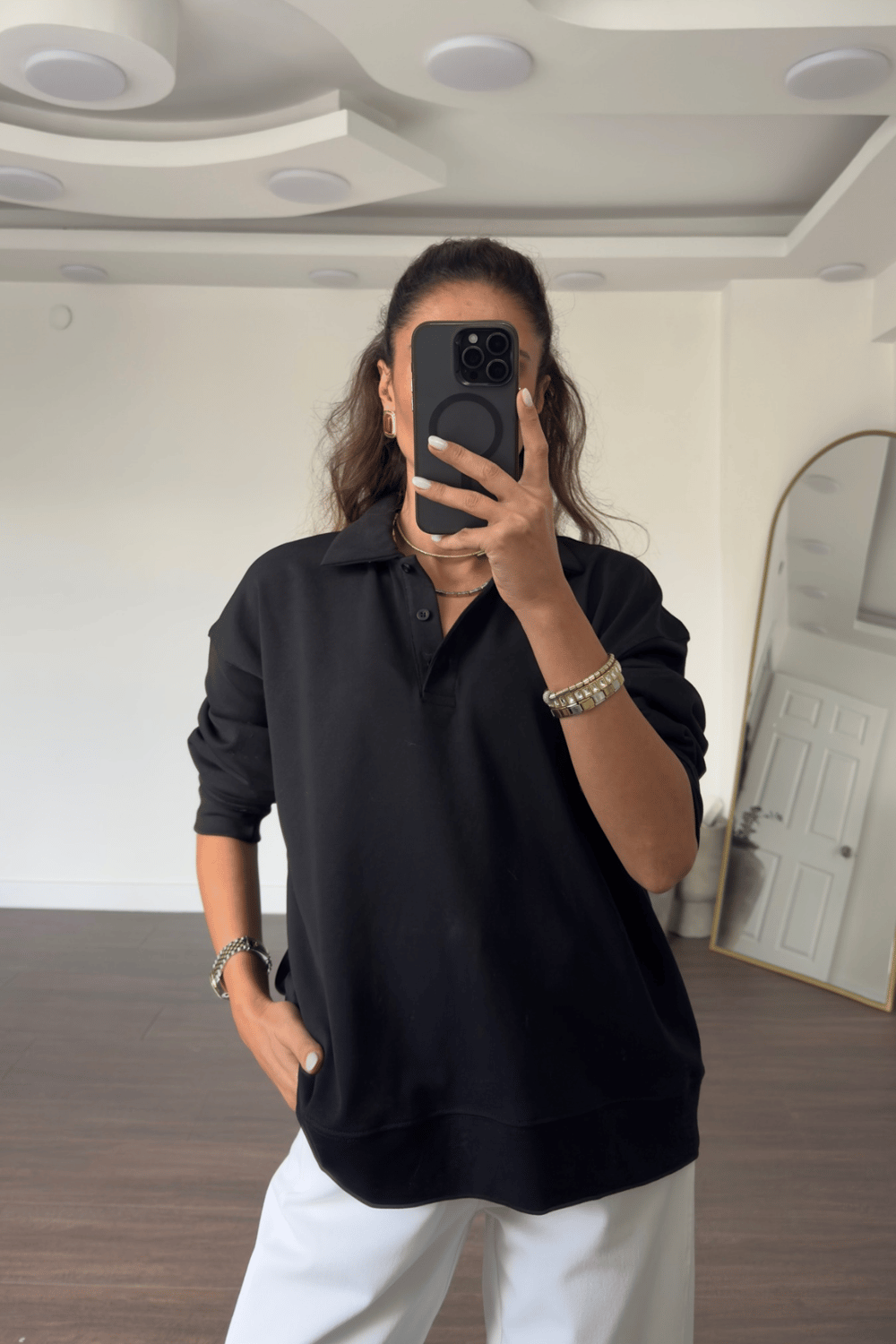 Polo Yaka Sweatshirt-Siyah