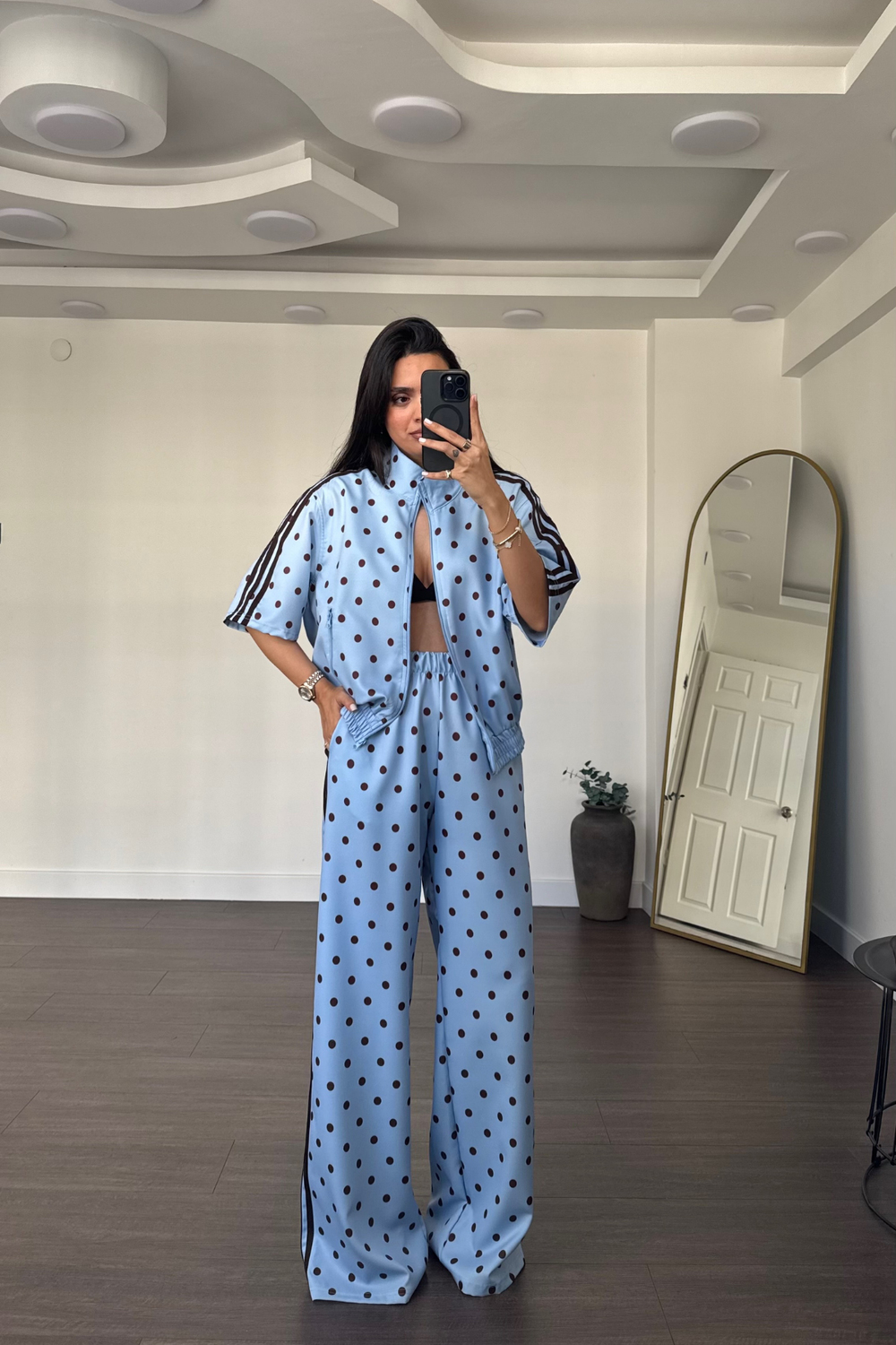 Puantiyeli Beli Lastikli Pantolon Takım-Mavi