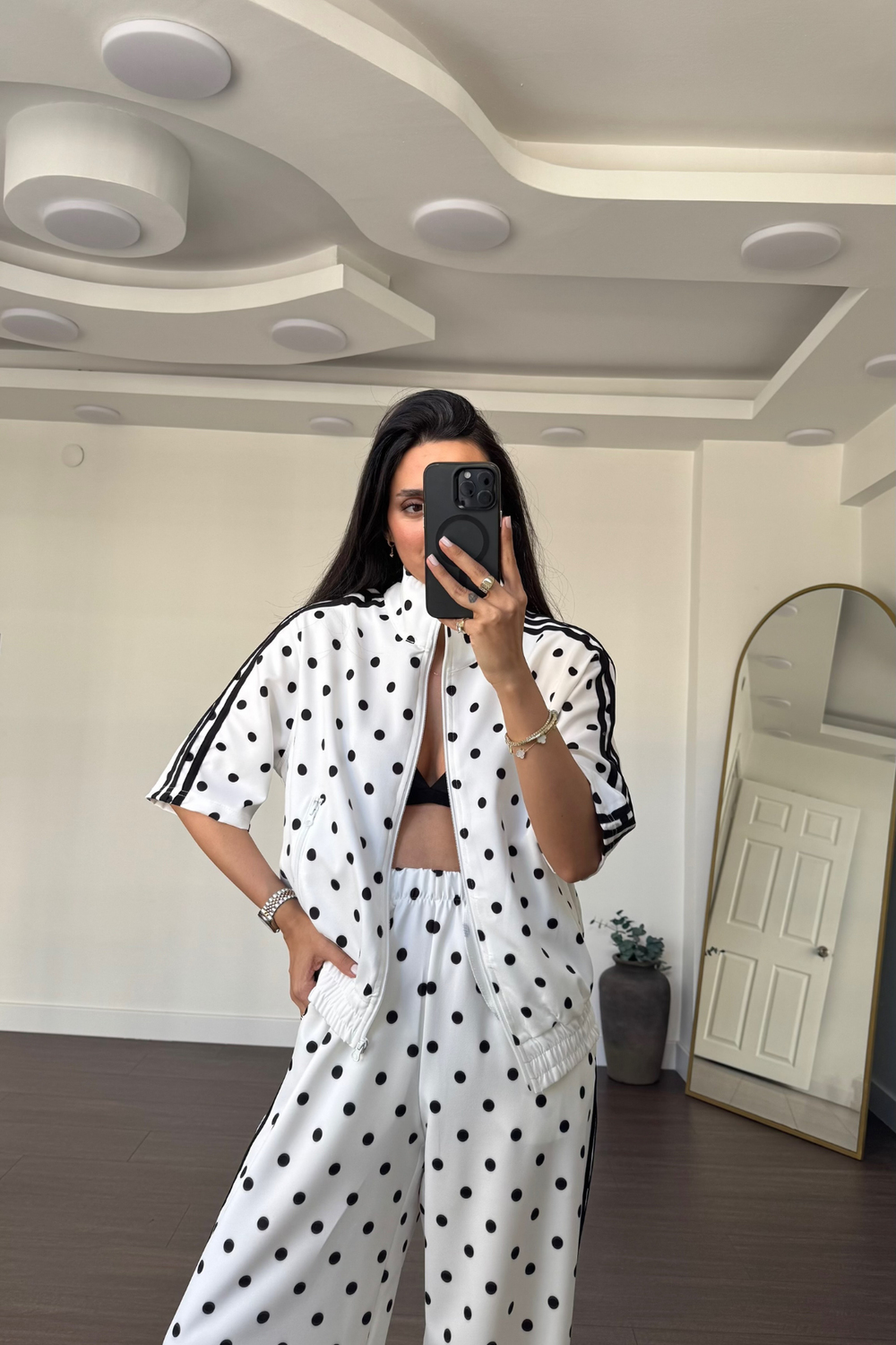 Puantiyeli Beli Lastikli Pantolon Takım-Beyaz