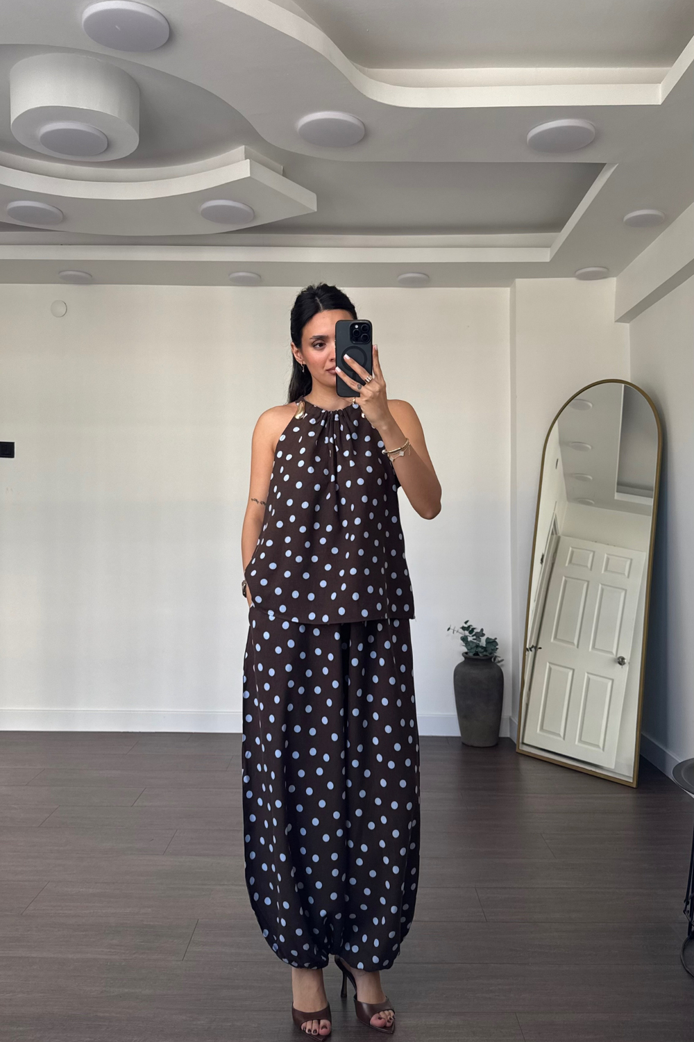 Puantiyeli Halter Yaka Bluz Şalvar Pantolon Takım-Mavi