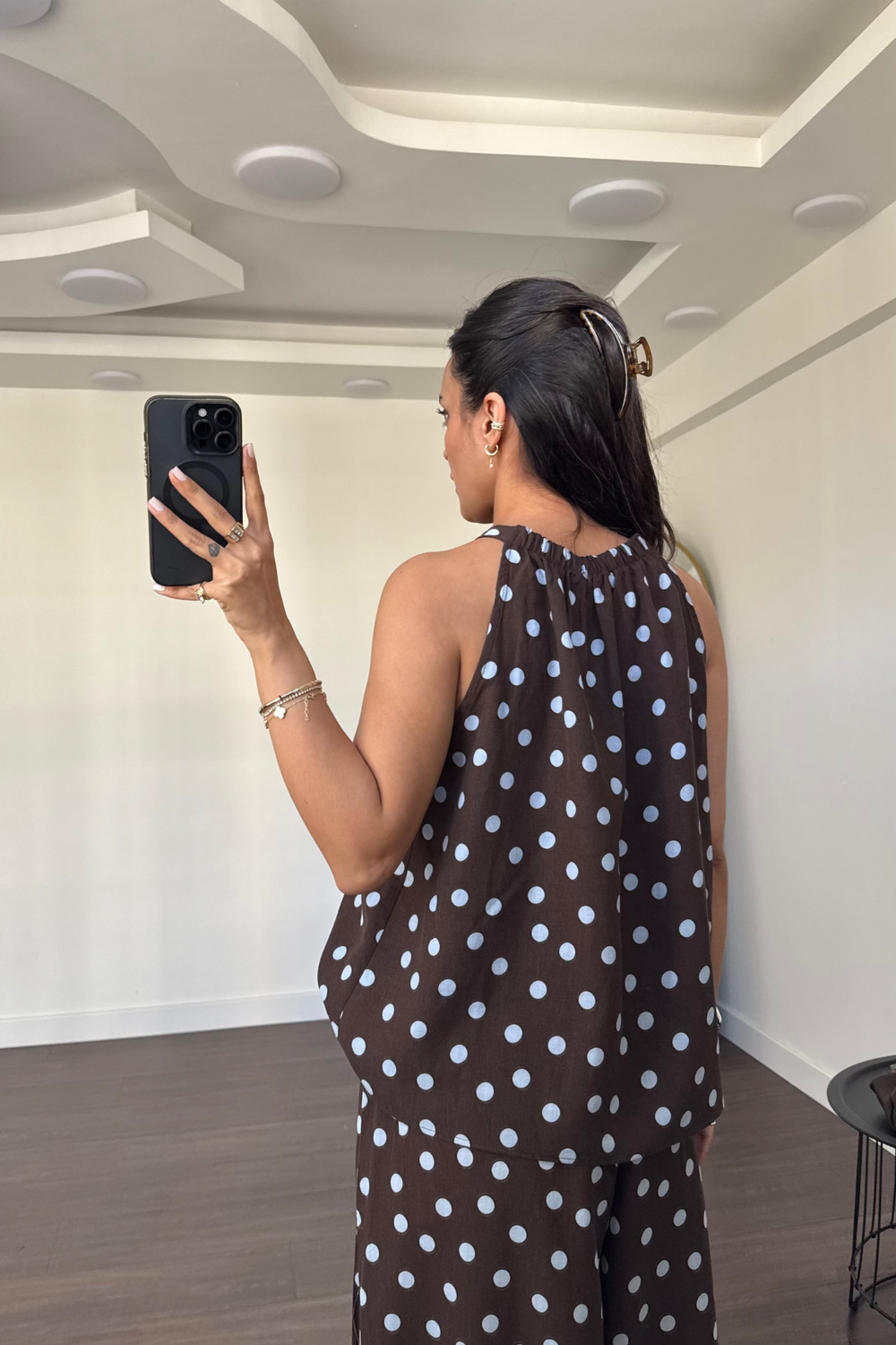 Puantiyeli Halter Yaka Bluz Şalvar Pantolon Takım-Mavi