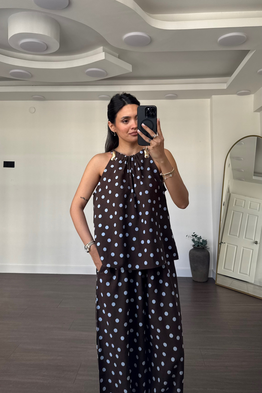 Puantiyeli Halter Yaka Bluz Şalvar Pantolon Takım-Mavi