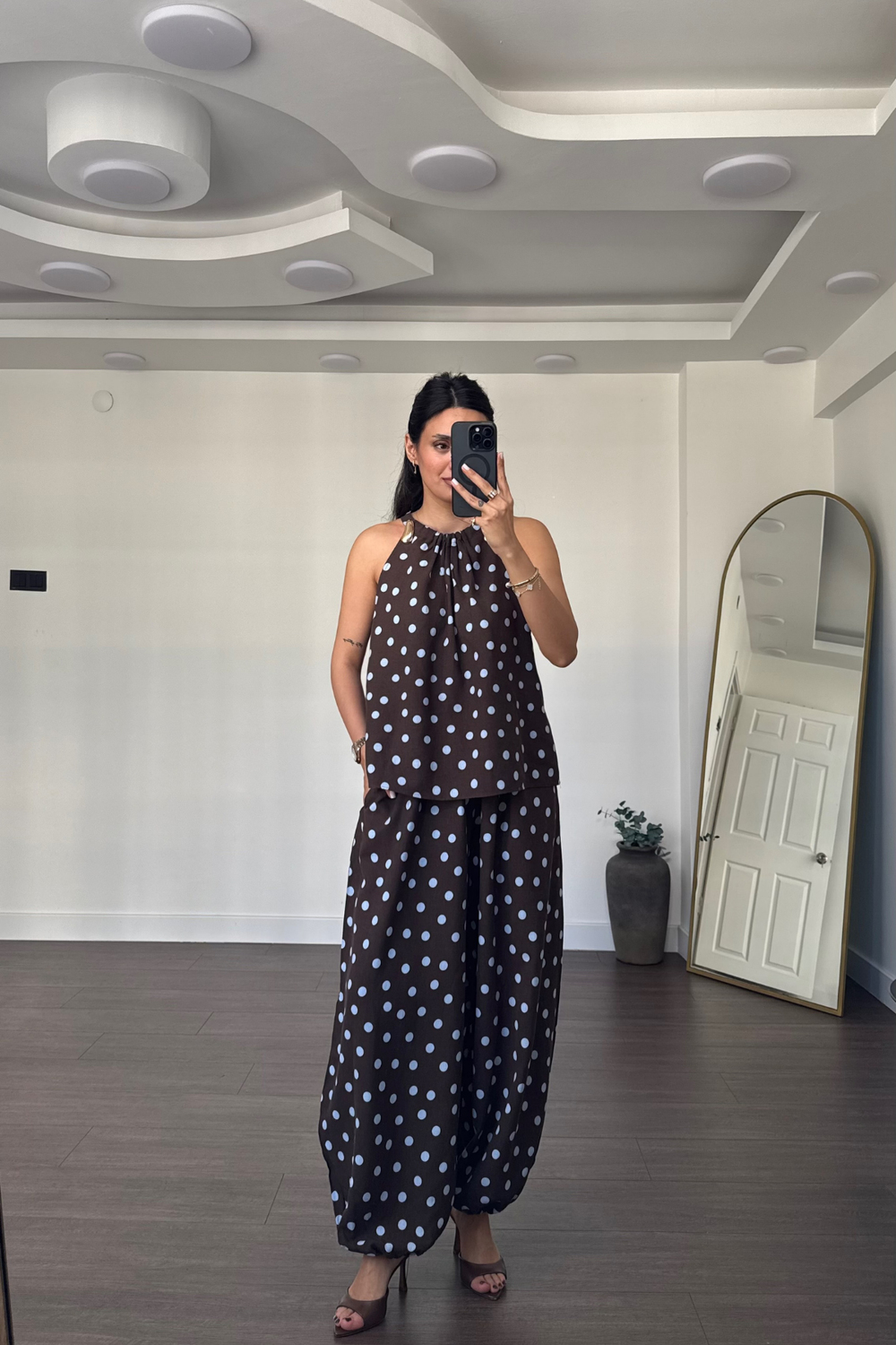 Puantiyeli Halter Yaka Bluz Şalvar Pantolon Takım-Mavi