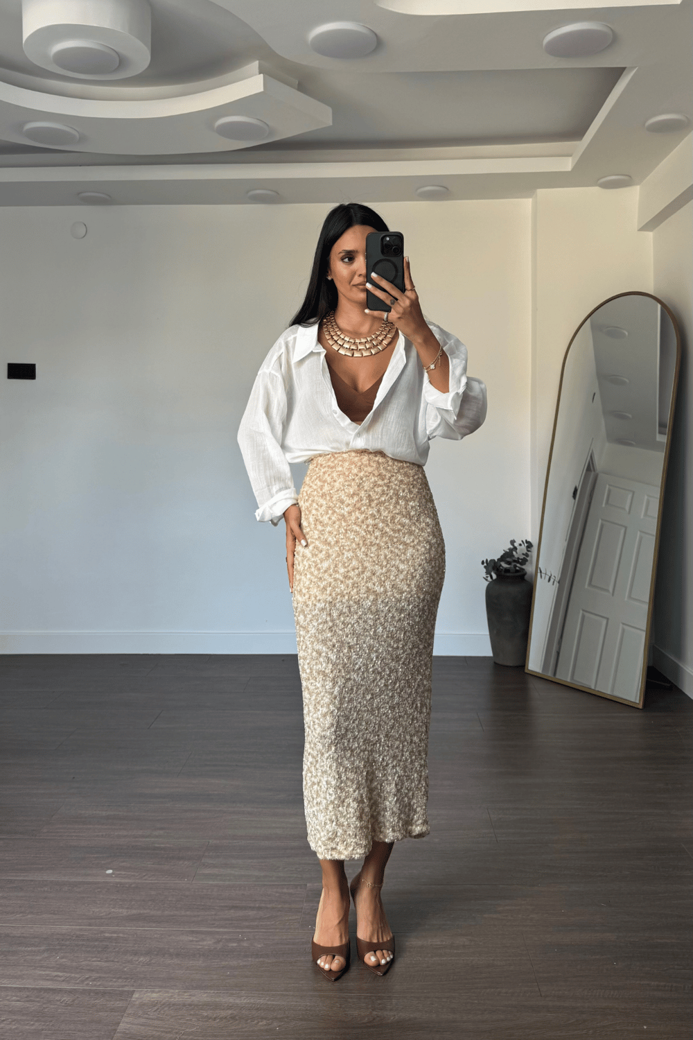 Pullu Midi Payet Etek-Bej