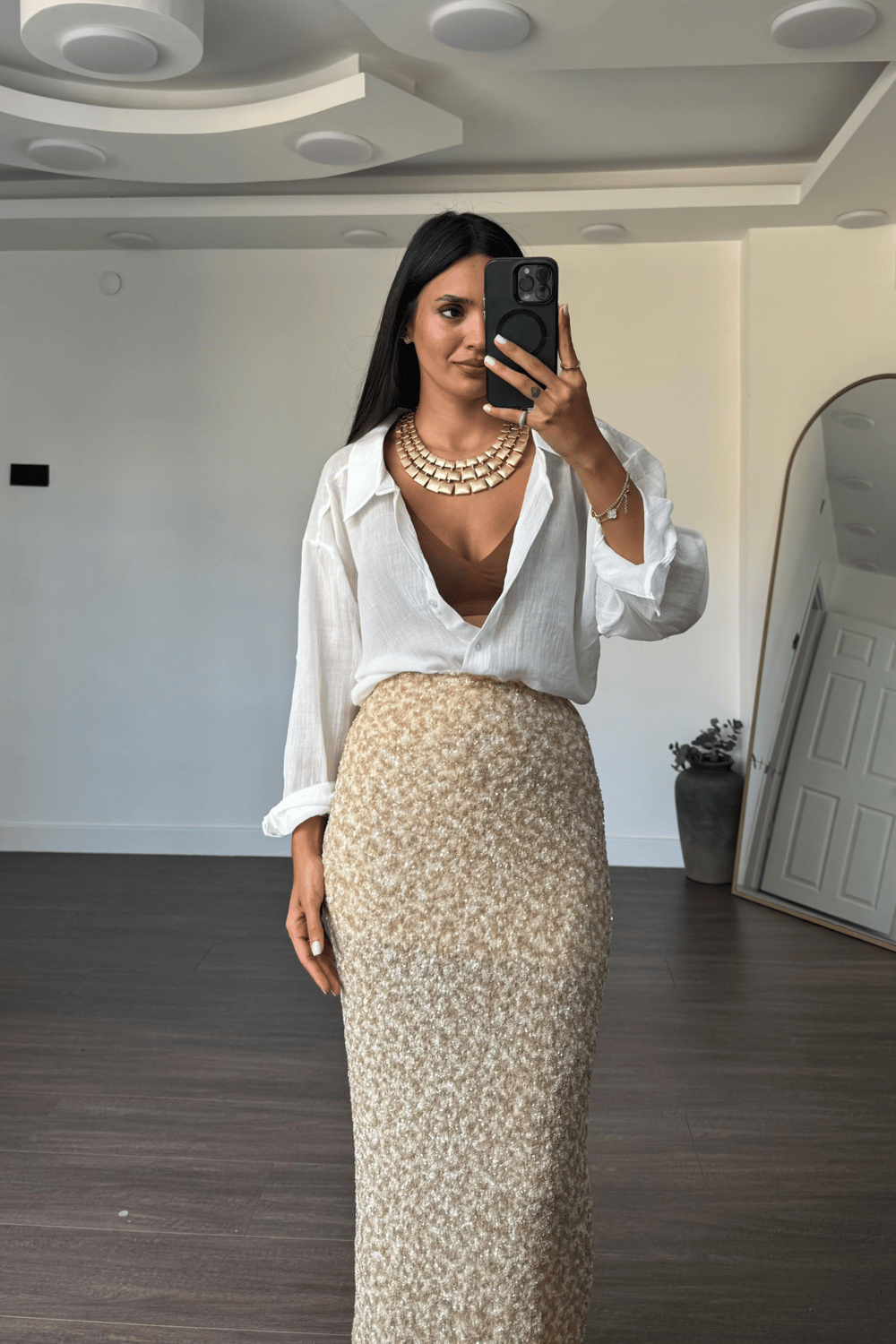 Pullu Midi Payet Etek-Bej