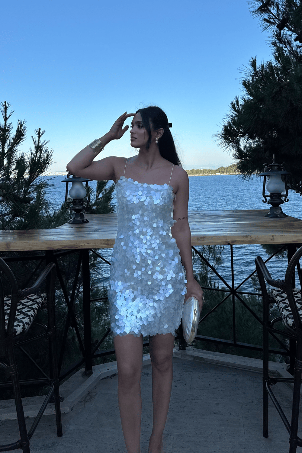 Pullu Payetli Elbise-Beyaz