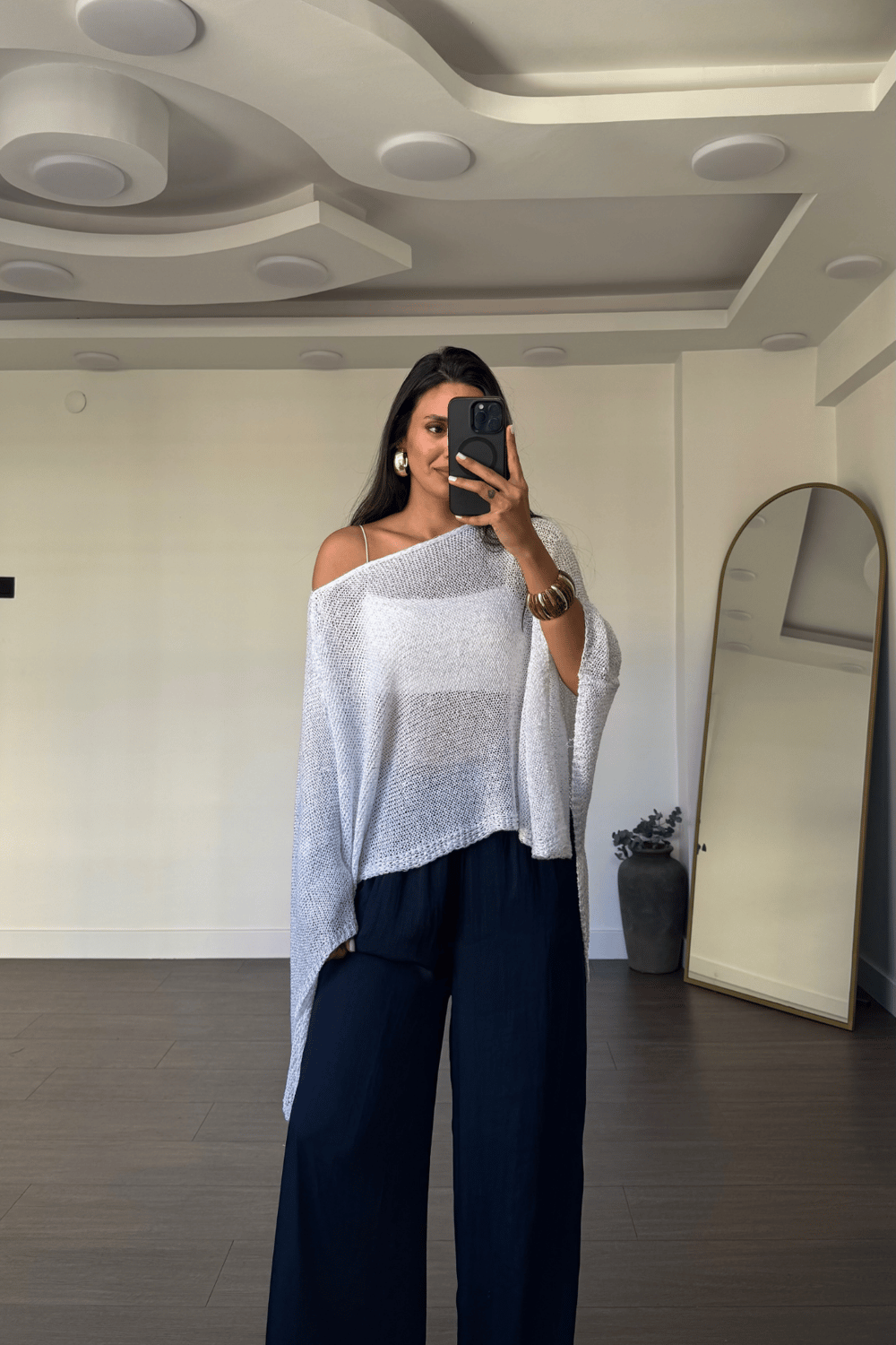 Pullu Pelerin Bluz-Beyaz