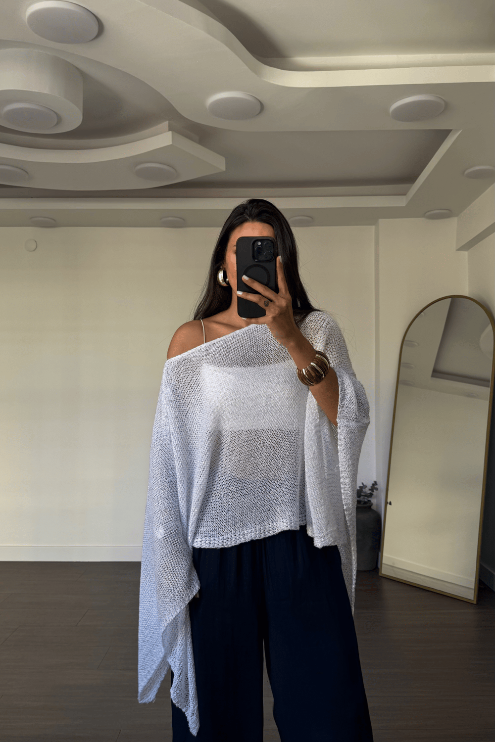 Pullu Pelerin Bluz-Beyaz