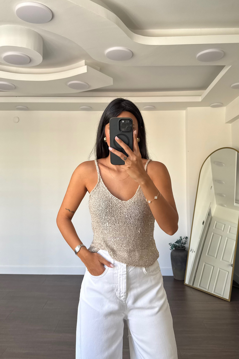 Pullu Triko Askılı Bluz-Bej
