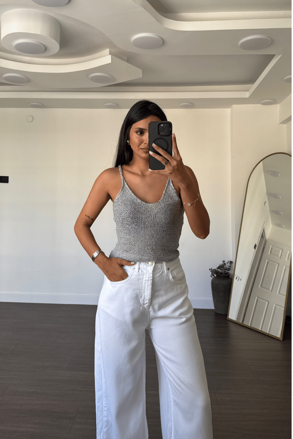 Pullu Triko Askılı Bluz-Gri