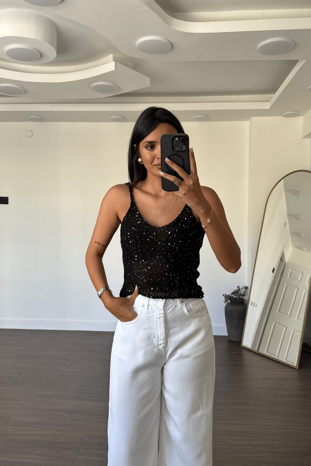 Pullu Triko Askılı Bluz-Siyah