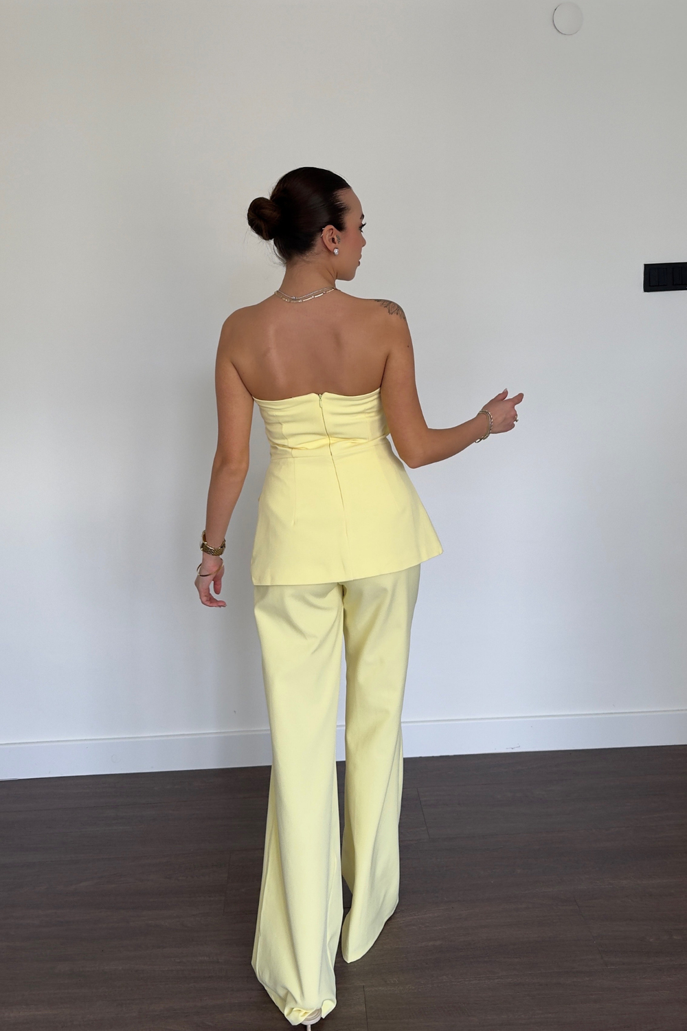 Sarı Cep Detaylı  Straplez Pantolon Takım