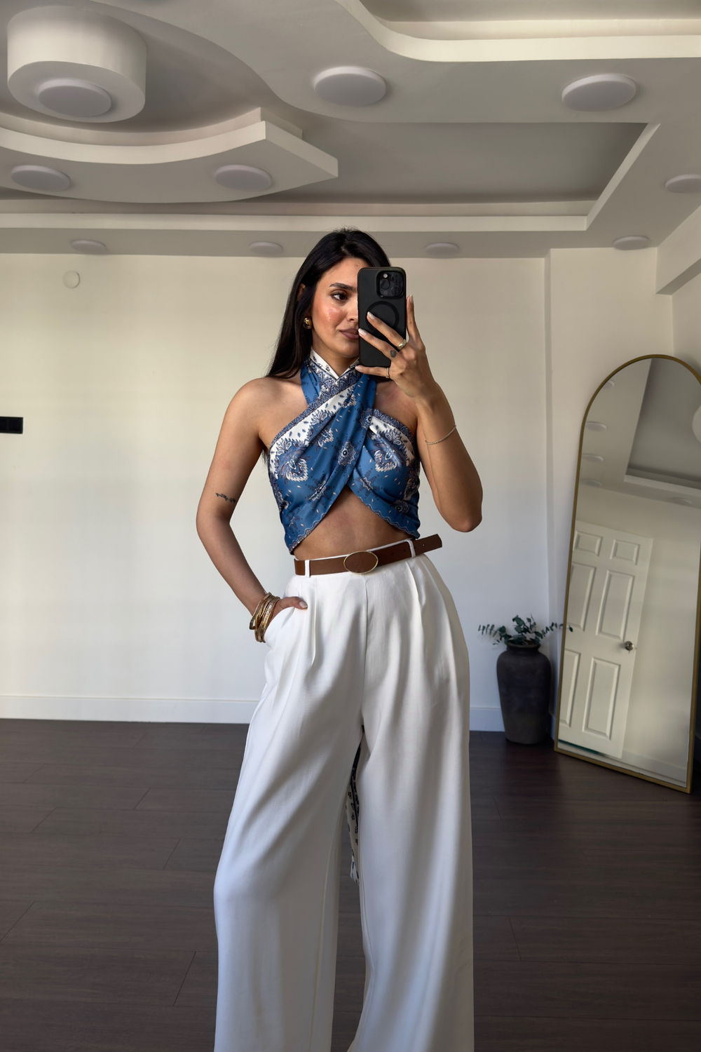 Saten Desenli Crop Bluz-Mavi