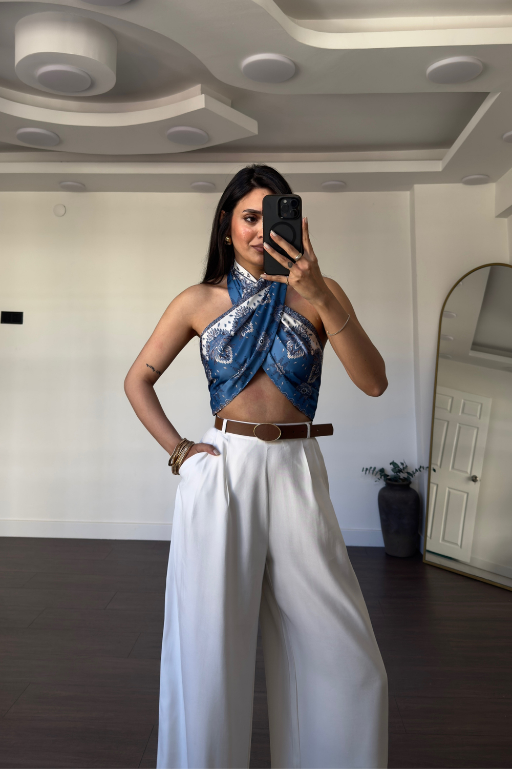 Saten Desenli Crop Bluz-Mavi