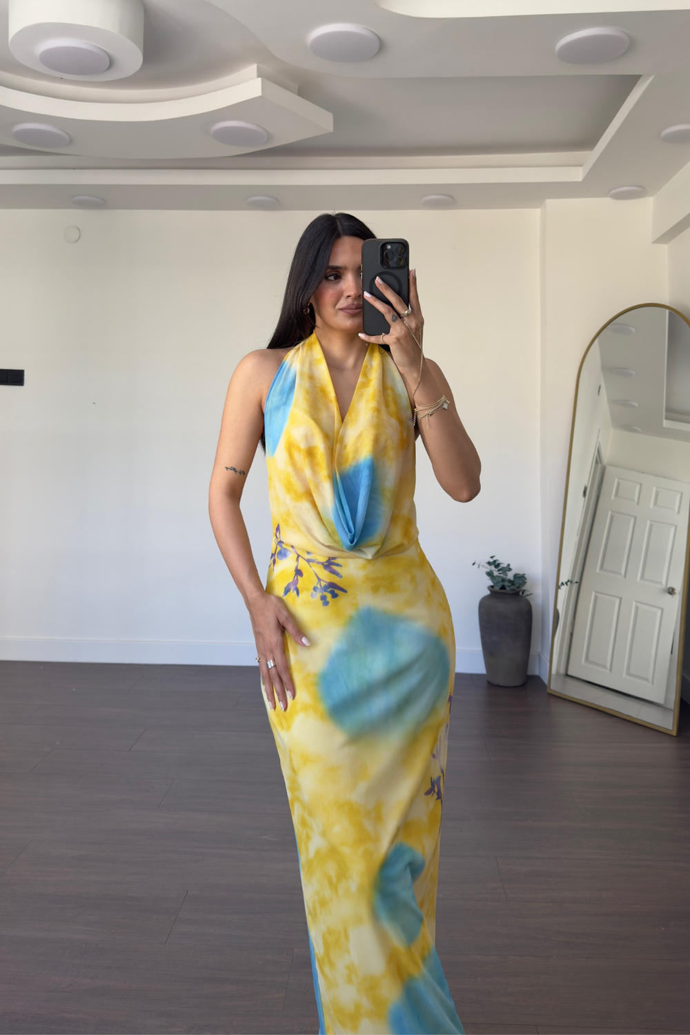 Sırt Dekolteli Astarlı Elbise-Sarı