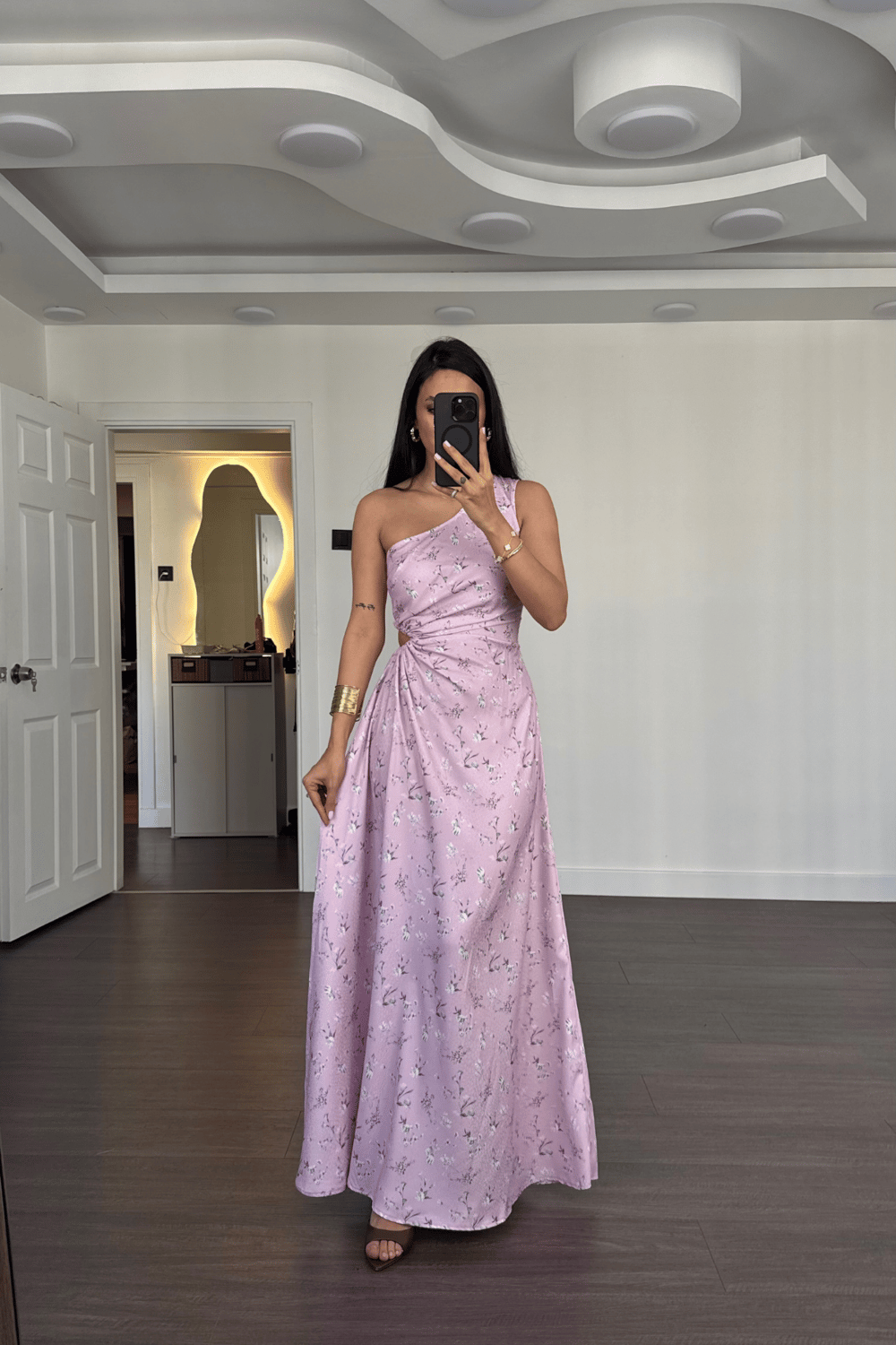 Tek Omuz Çiçek Desenli Elbise-Pembe