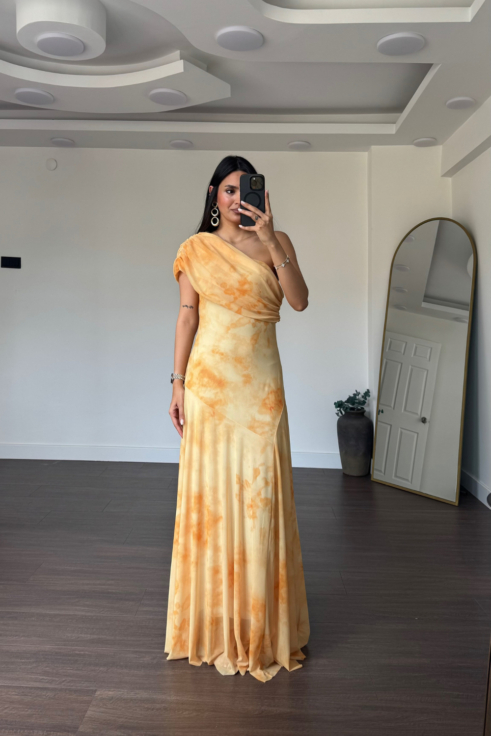 Tek Omuz Desenli Elbise-Sarı