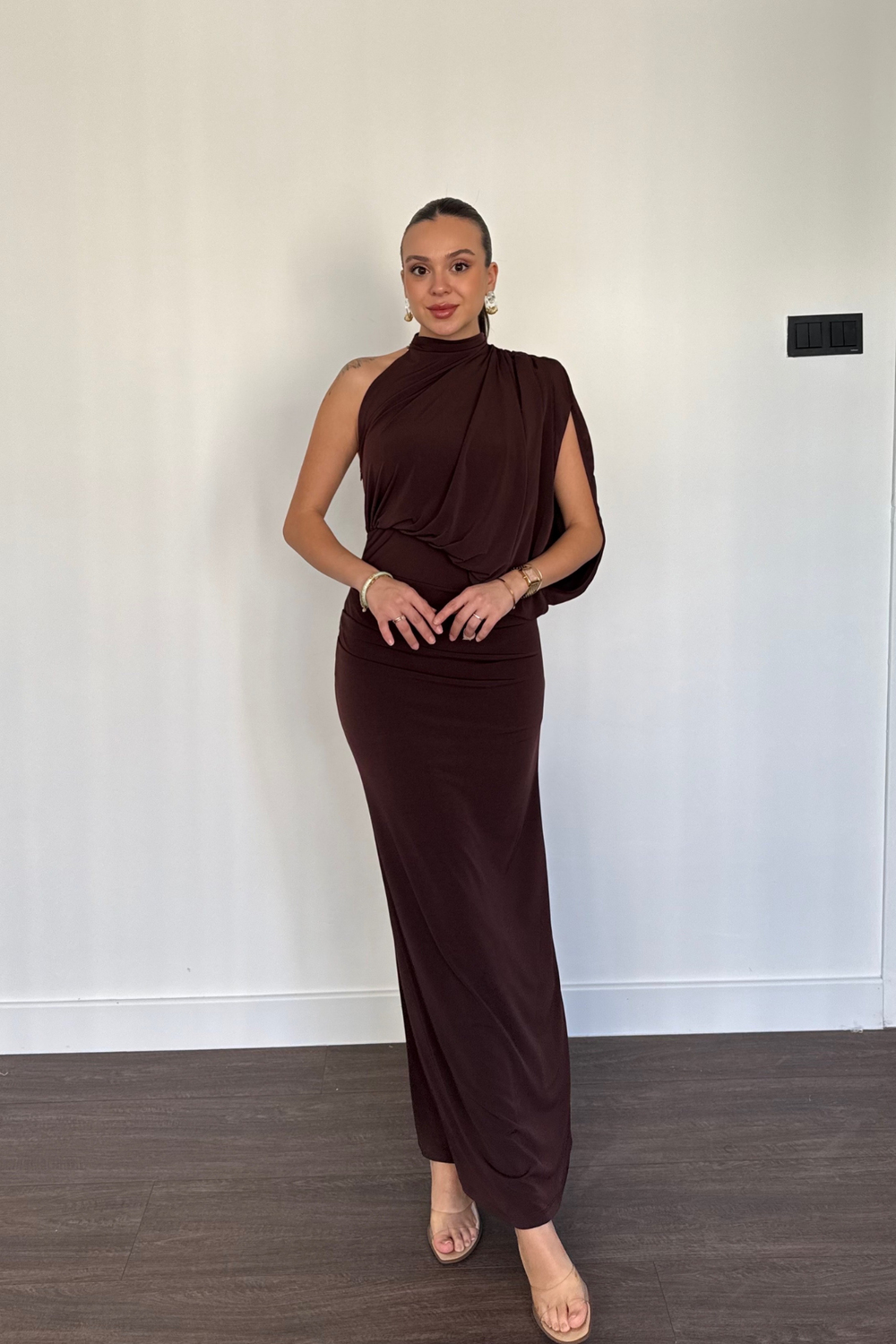 Tek Omuz Drape Detaylı Elbise-Kahve