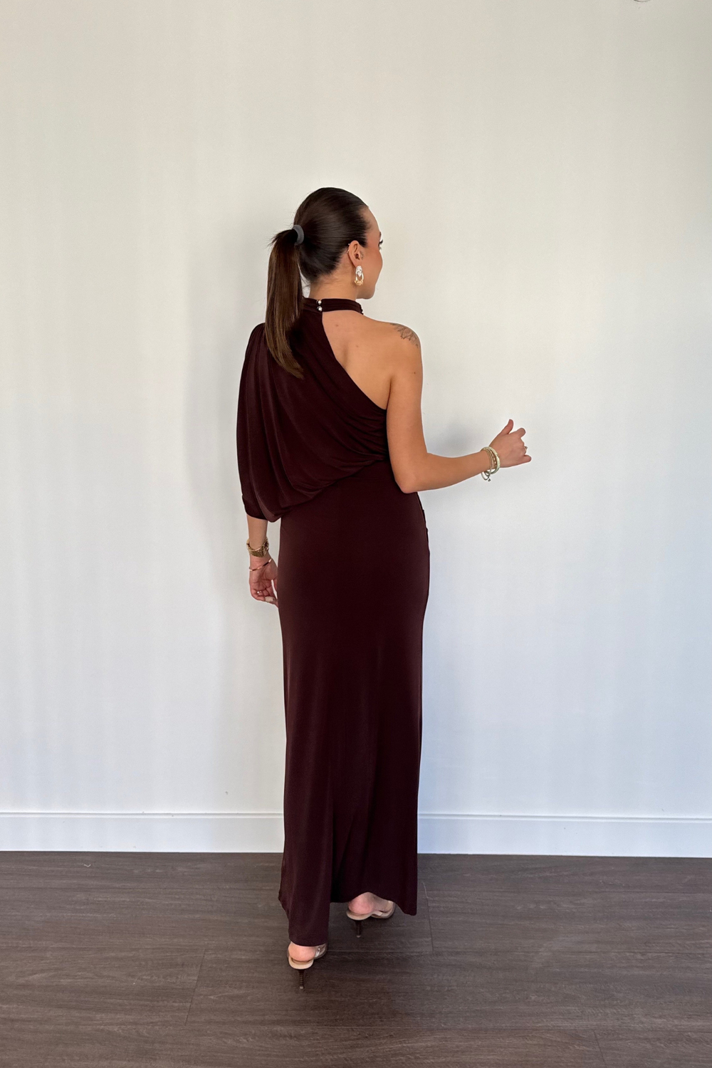 Tek Omuz Drape Detaylı Elbise-Kahve