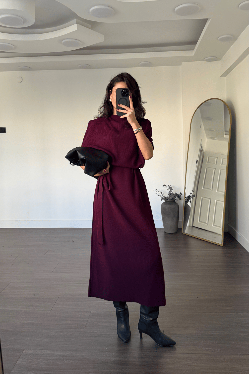 Triko Kuşaklı Midi Elbise-Bordo
