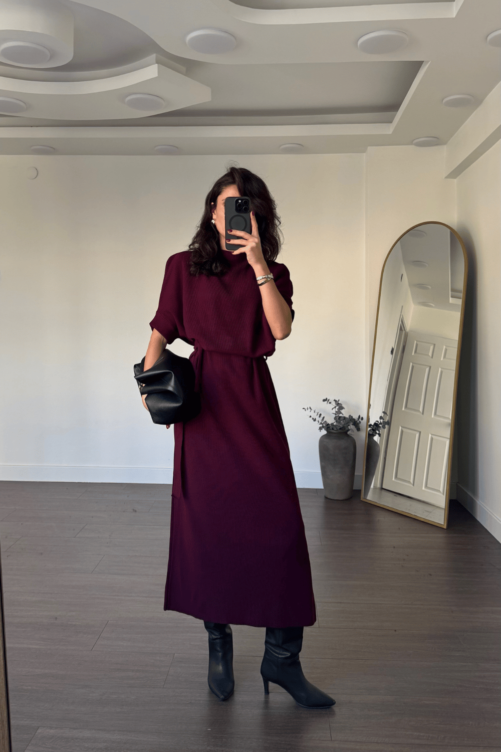 Triko Kuşaklı Midi Elbise-Bordo