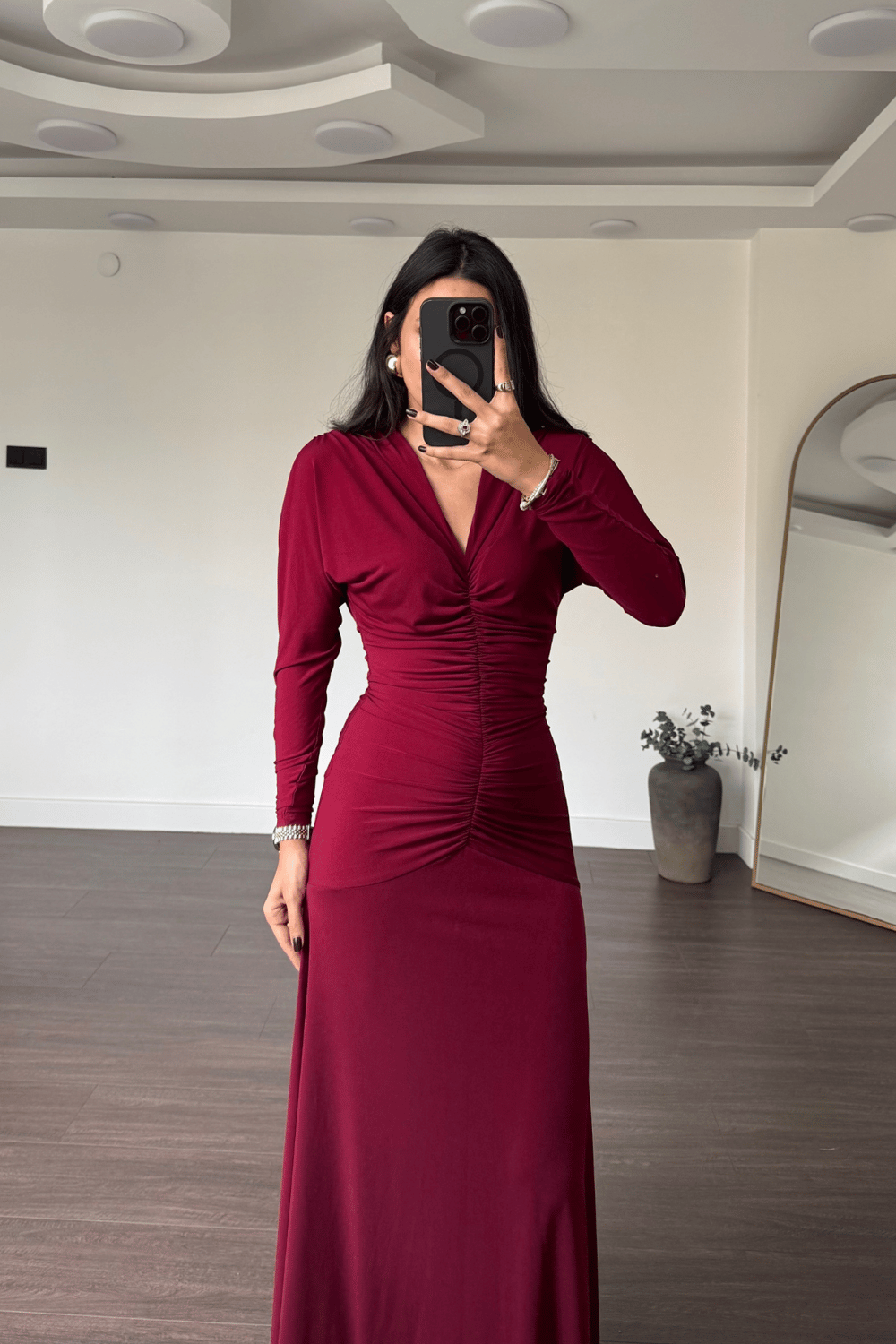 V Yaka Drape Detay Elbise-Bordo
