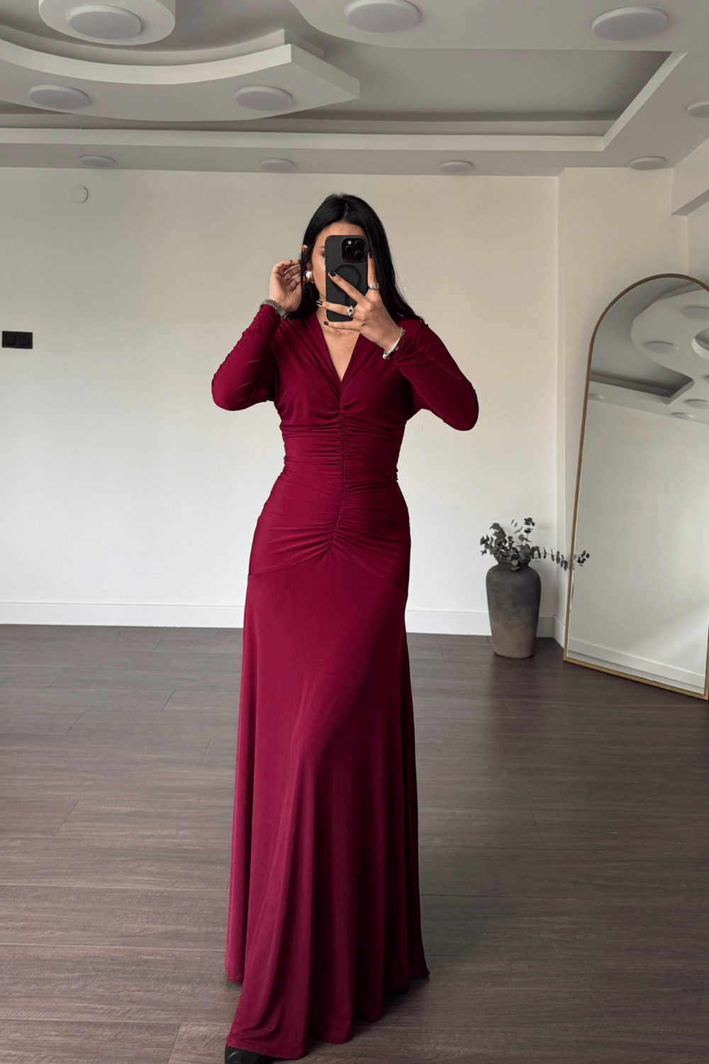 V Yaka Drape Detay Elbise-Bordo