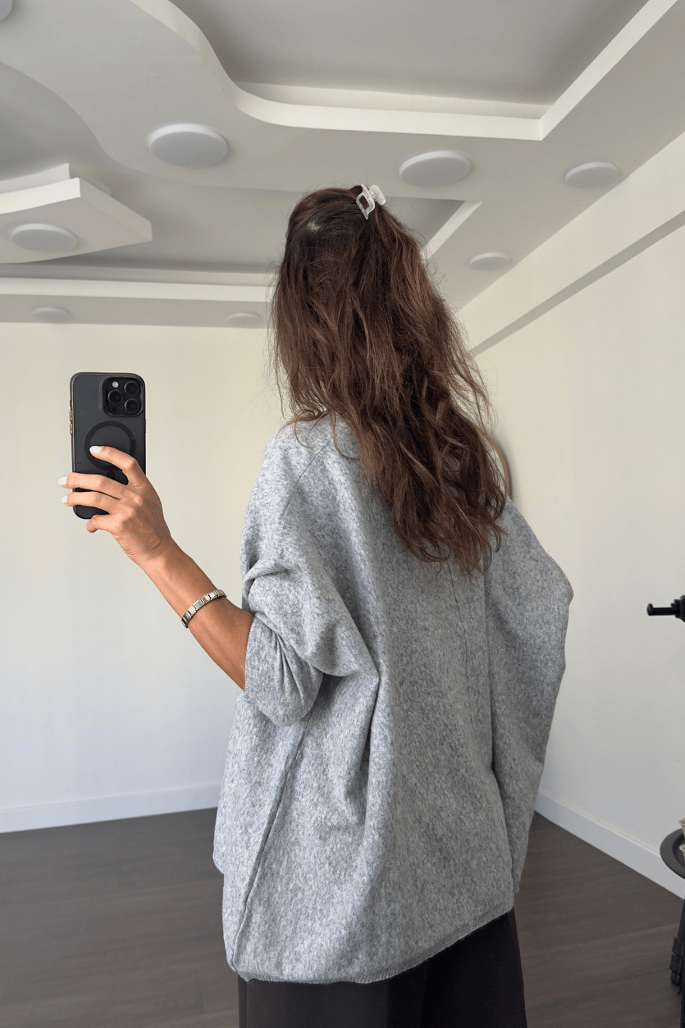 V Yaka Oversize Triko Kazak-Gri
