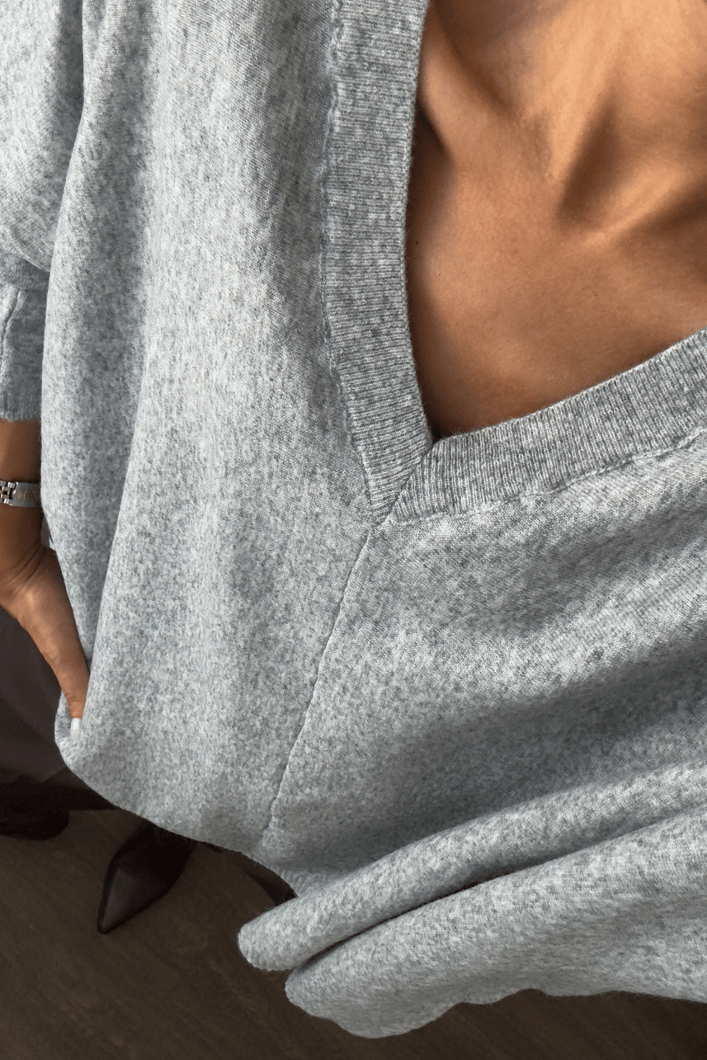 V Yaka Oversize Triko Kazak-Gri