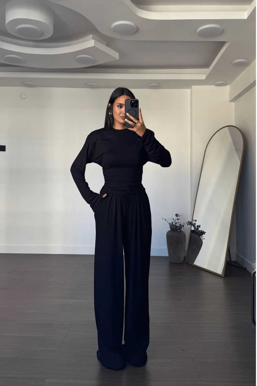 Vatkalı Beli Ayarlanabilir Bluz Pantolon Takım-Siyah