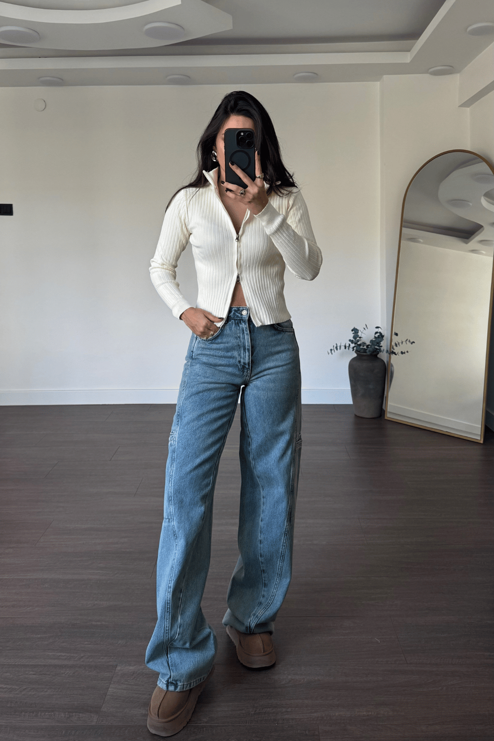 Yıkamalı Yan Cepli Denim Pantolon