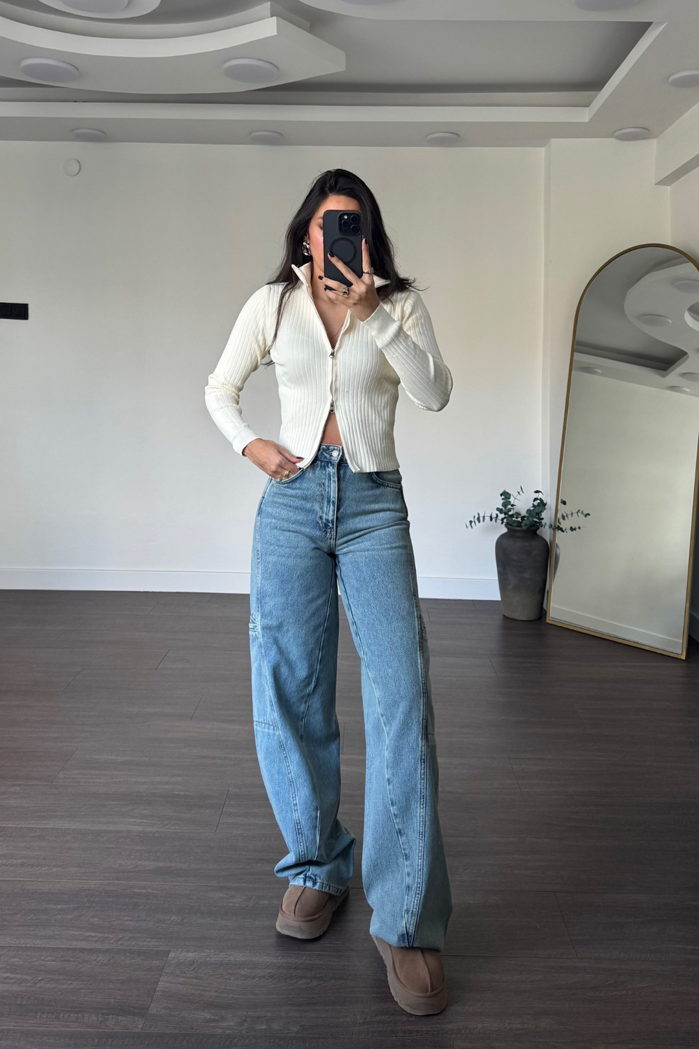 Yıkamalı Yan Cepli Denim Pantolon