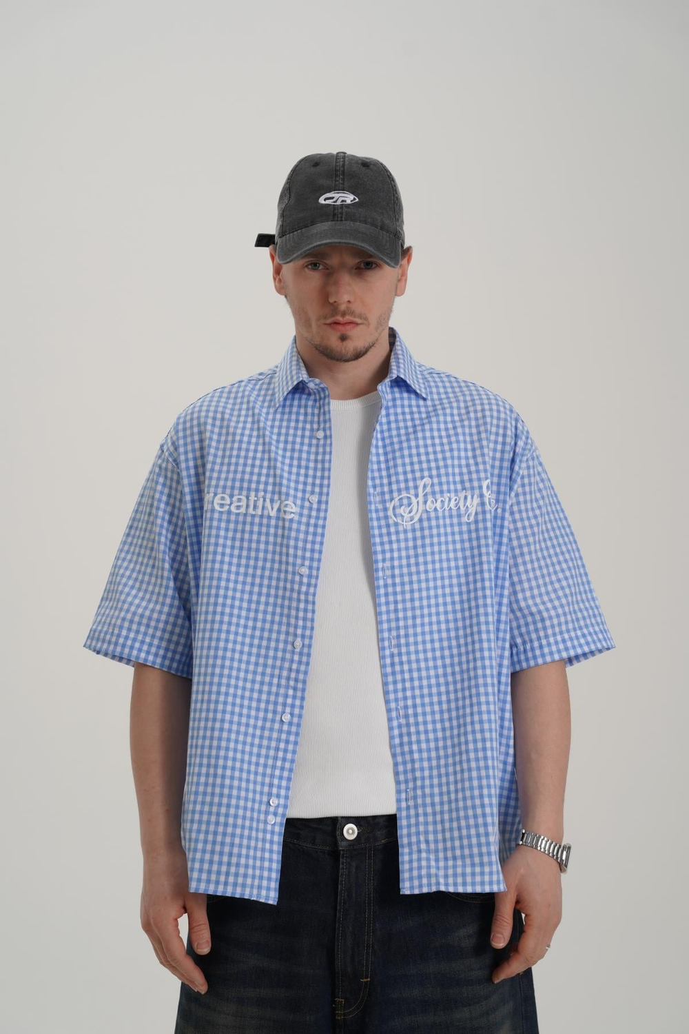 Creative Baskılı Mavi Oversize Ekose Gömlek PM01 26Y285