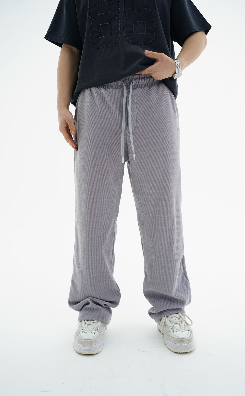 Fitilli Kumaş Açık Gri Baggy Eşofman Altı CT01 26CY016