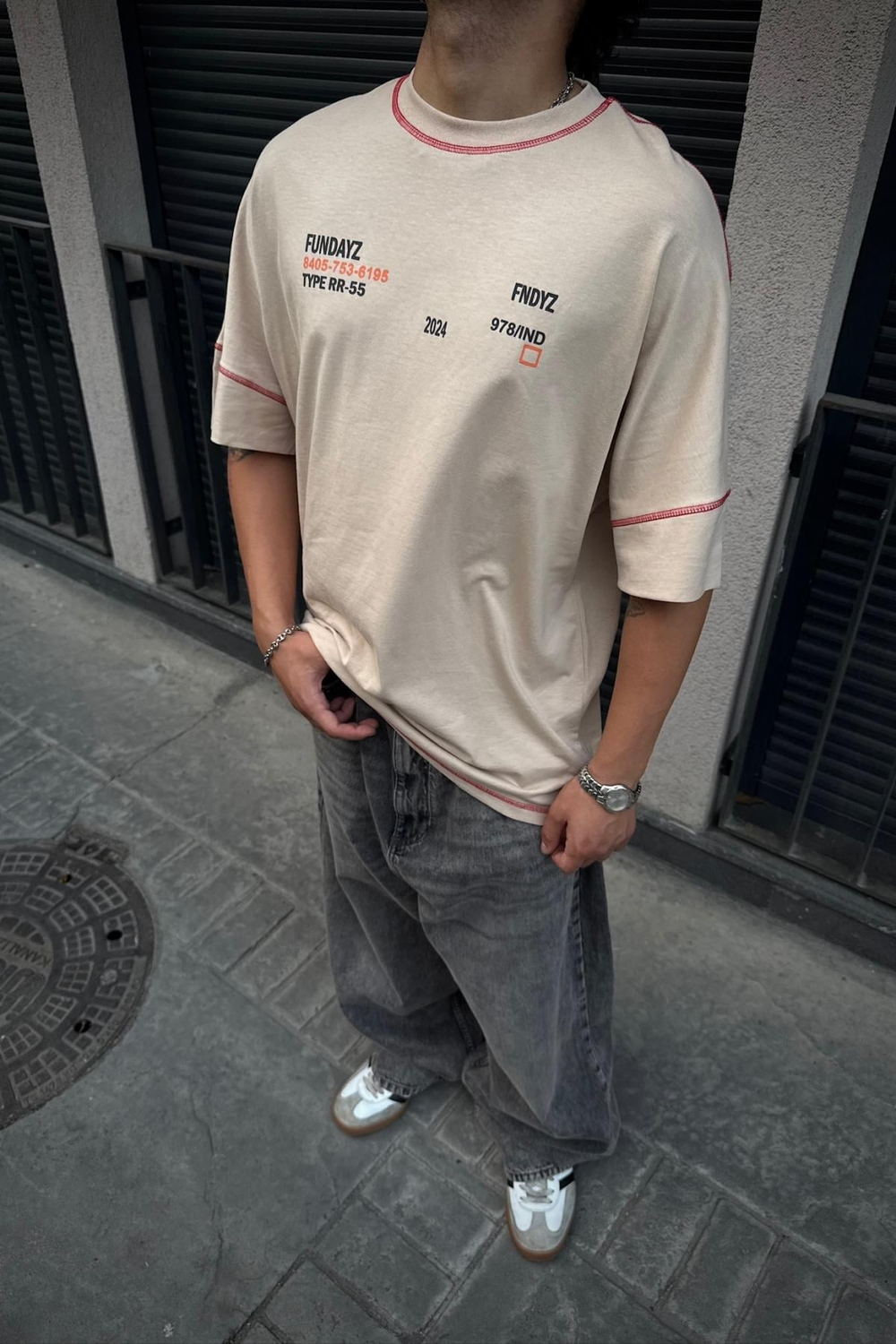 Fundayz Bej Kontrast Dikiş Oversize Tshirt T900