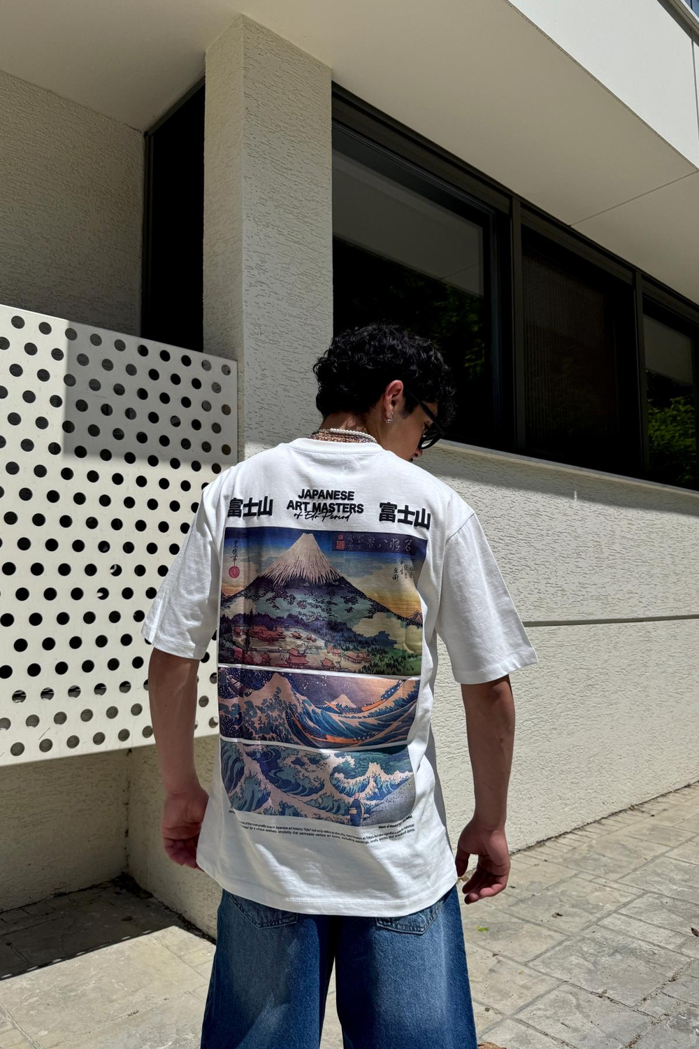 Japanese Baskılı Beyaz Oversize Tshirt