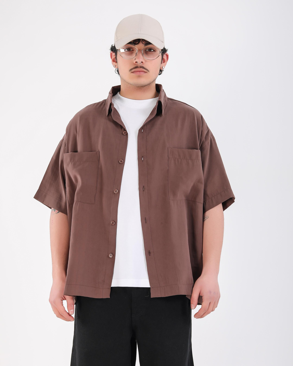 Kahve Modal Kumaş Oversize Kısa Kollu Gömlek