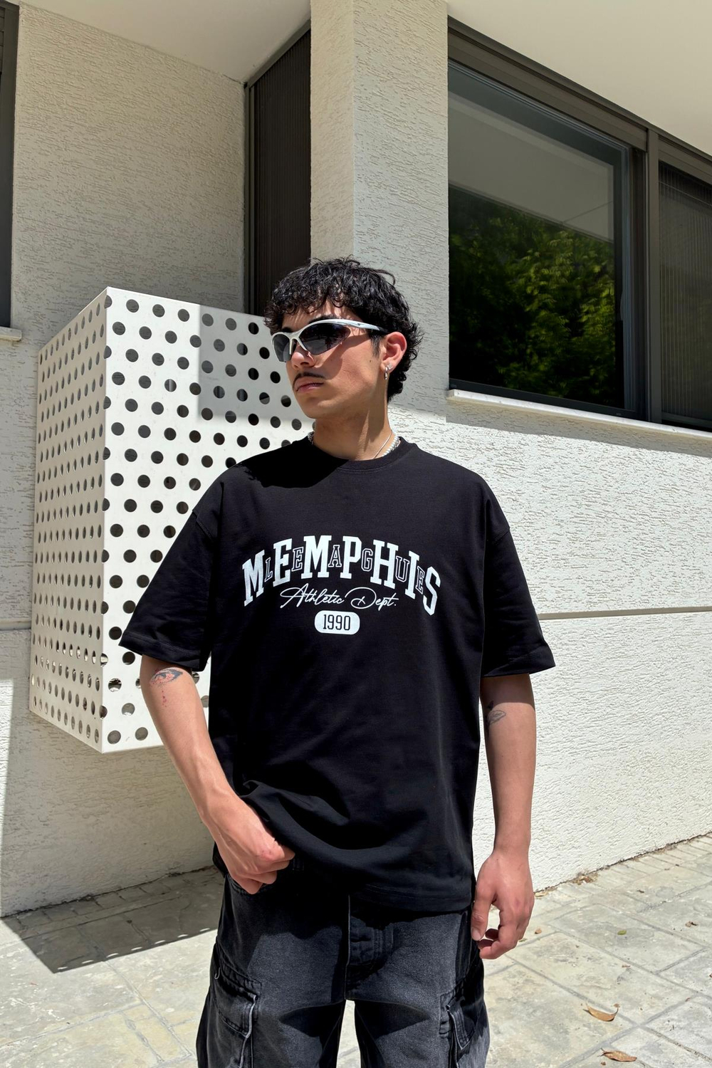 Memphis Baskılı Siyah Oversize Tshirt