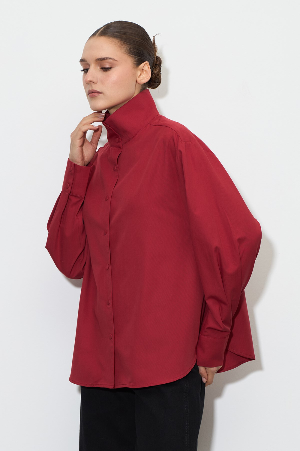 Dik Yaka Çıt-Çıtlı Oversize Gömlek Kırmızı