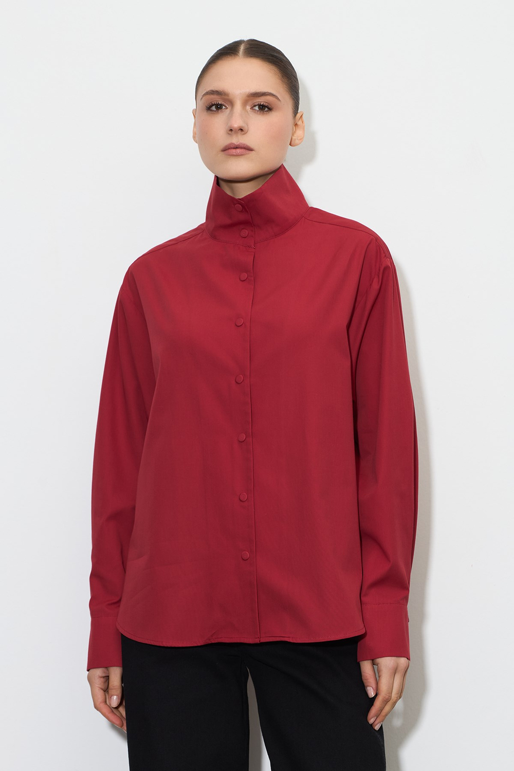 Dik Yaka Çıt-Çıtlı Oversize Gömlek Kırmızı