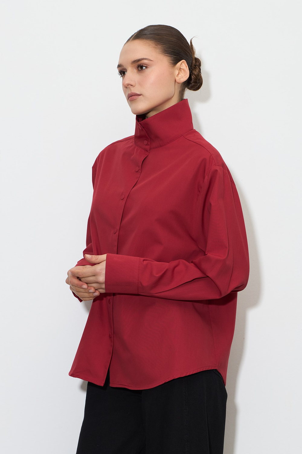 Dik Yaka Çıt-Çıtlı Oversize Gömlek Kırmızı