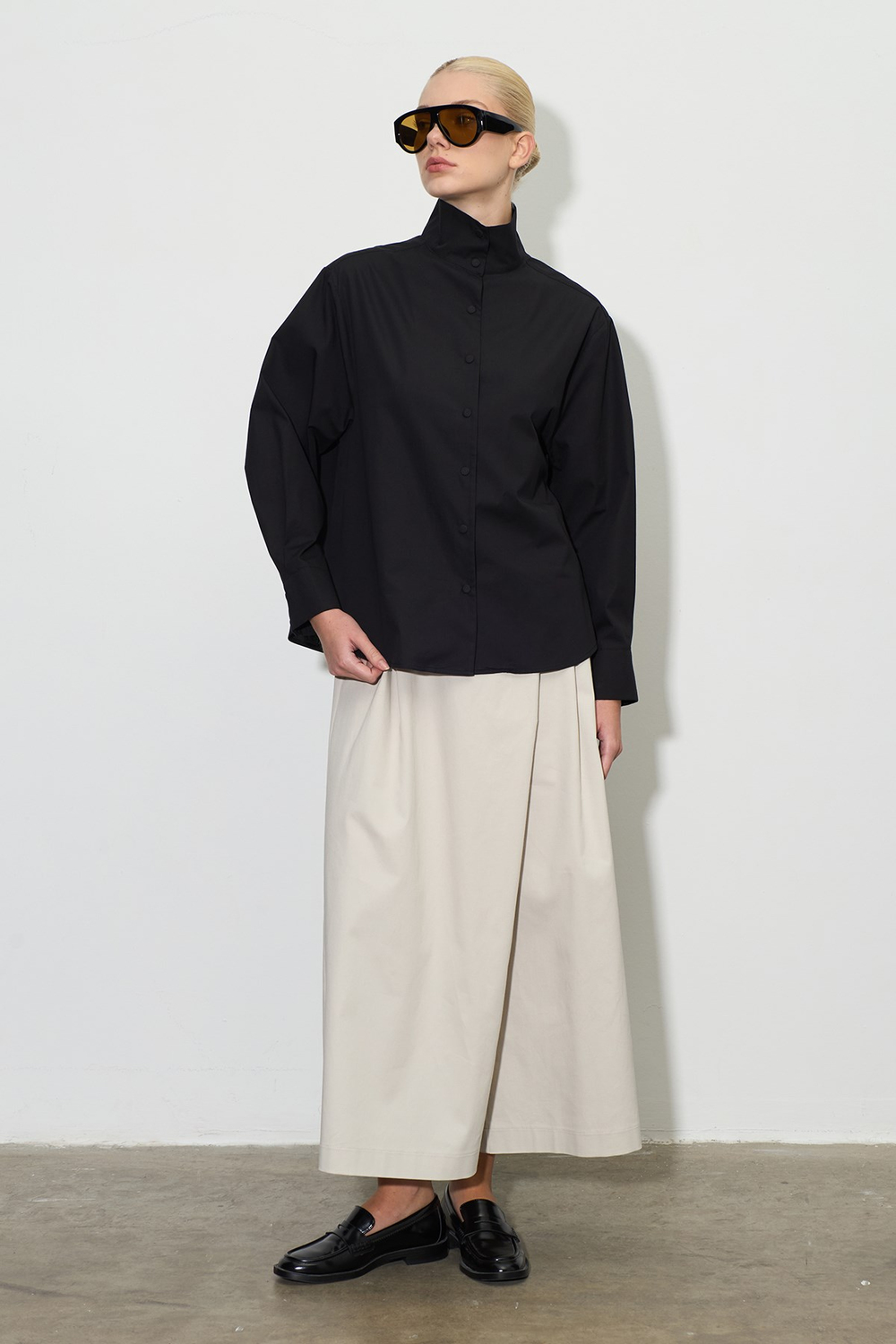 Dik Yaka Çıt-Çıtlı Oversize Gömlek Siyah