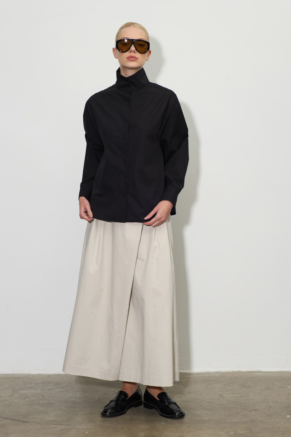 Dik Yaka Çıt-Çıtlı Oversize Gömlek Siyah