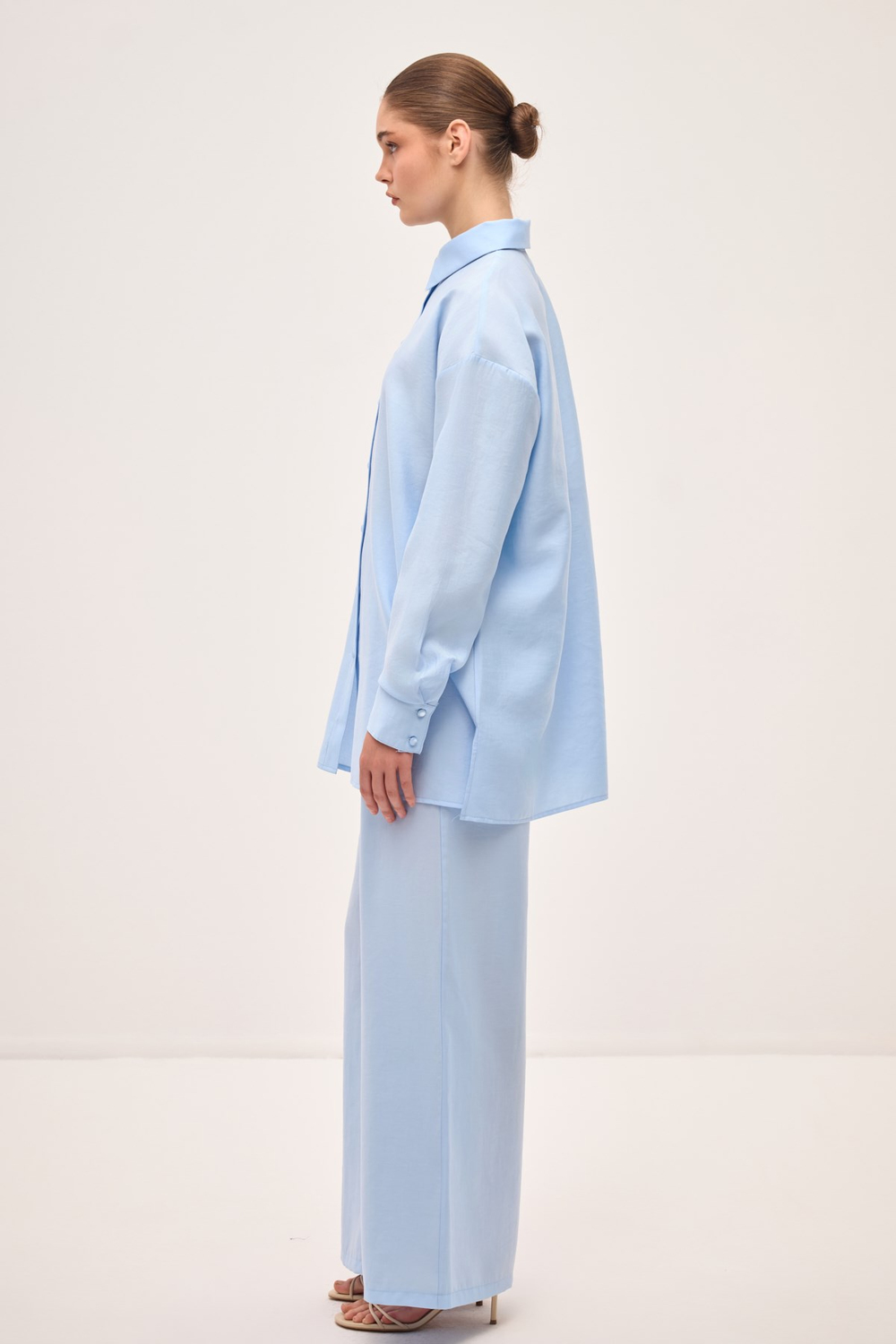Taşlanmış Modal Tencel Oversize Gömlek Bebe Mavisi
