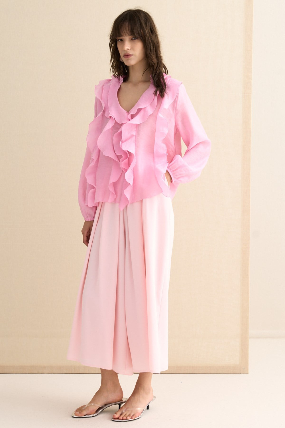 FIRFIR DETAYLI TRANSPARAN BLUZ PEMBE