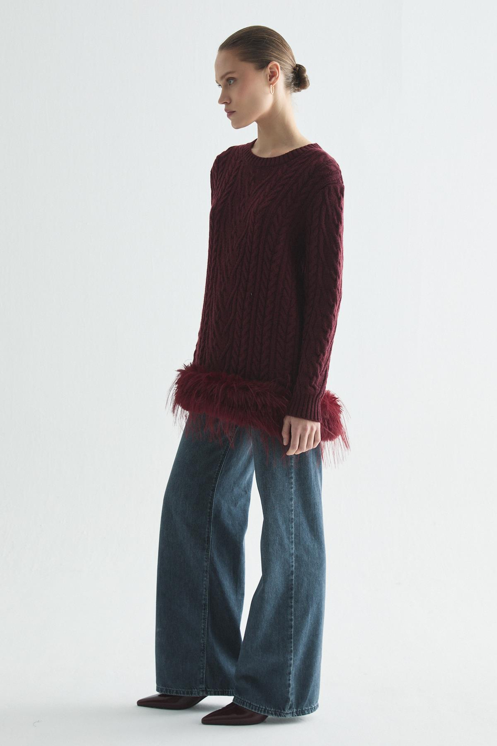 GLOWY FEATHER TRİKO KAZAK BORDO